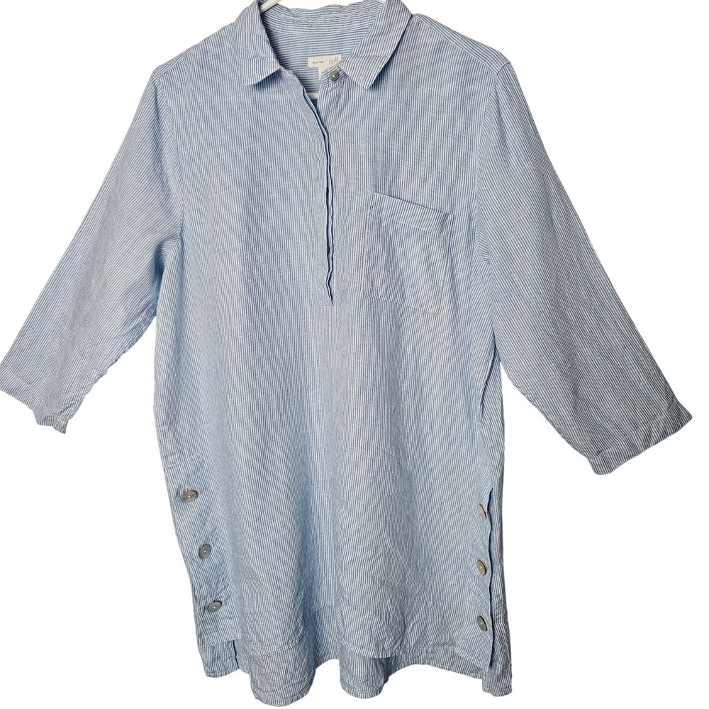 J.Jill Women Love Linen Striped Tunic Top Medium Blue White Coastal‎ Nautical